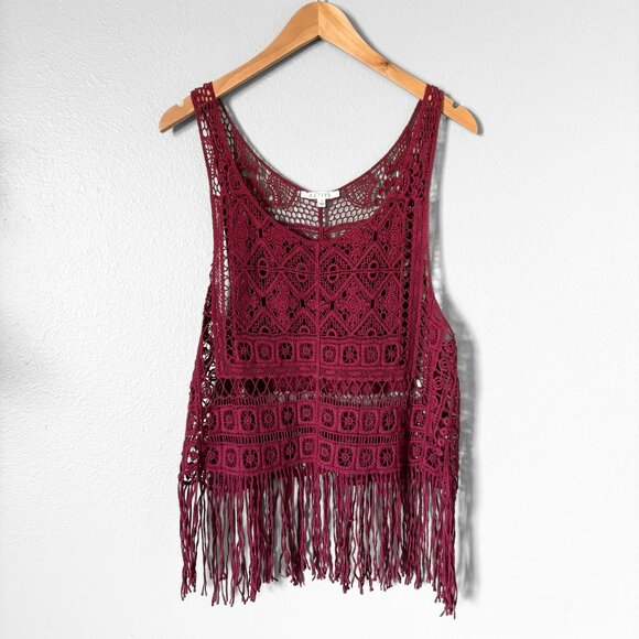 Active USA Tops - Active Crochet Fringe Burgundy Tank Top Womens Small Boho Festival Retro 70s
